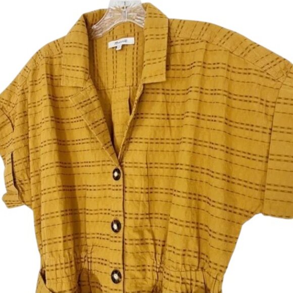 EUC Madewell Mustard Elastic Waist Belted Seersucker Camp Romper in Summer Sand - Picture 3 of 8